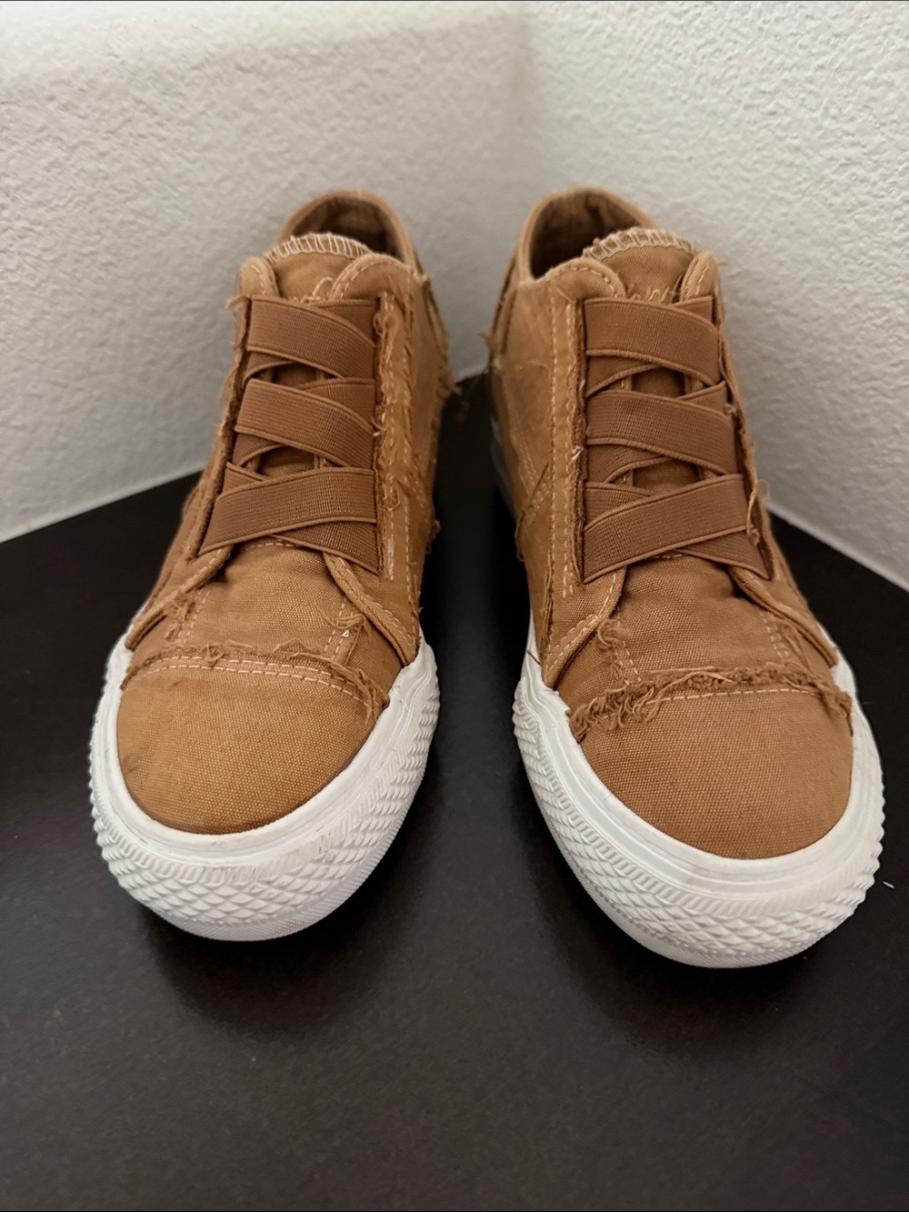 Blowfish Malibu Leopard Print Wedge Sneakers with Dark Tan Elastic Straps.